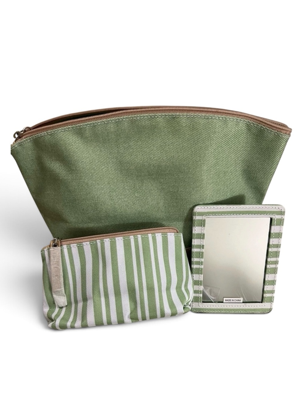 Estee Lauder Sage Green Canvas Striped Cosmetic Bag Mirror Set